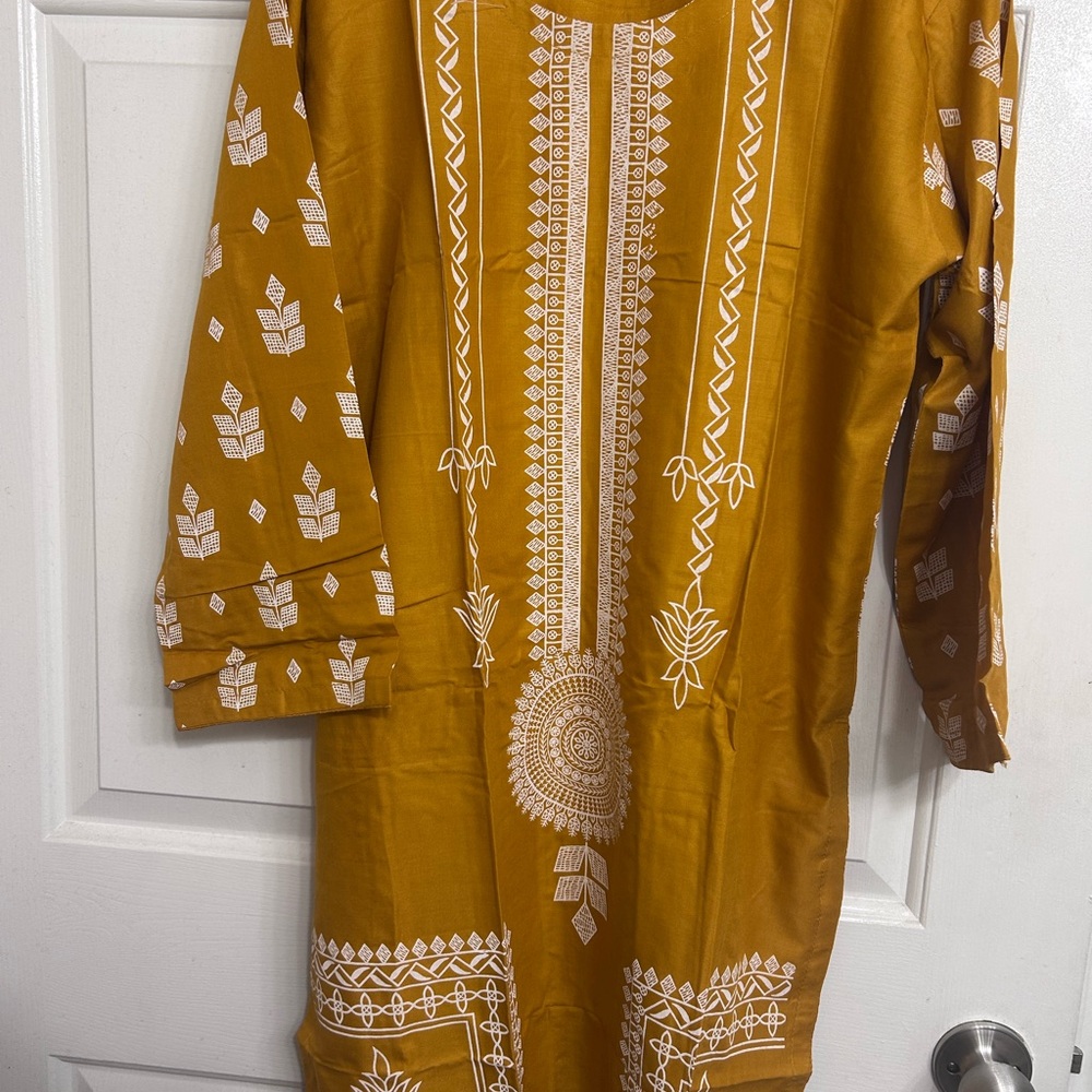 Elegant Mustard Maxi Dress with White Patterns